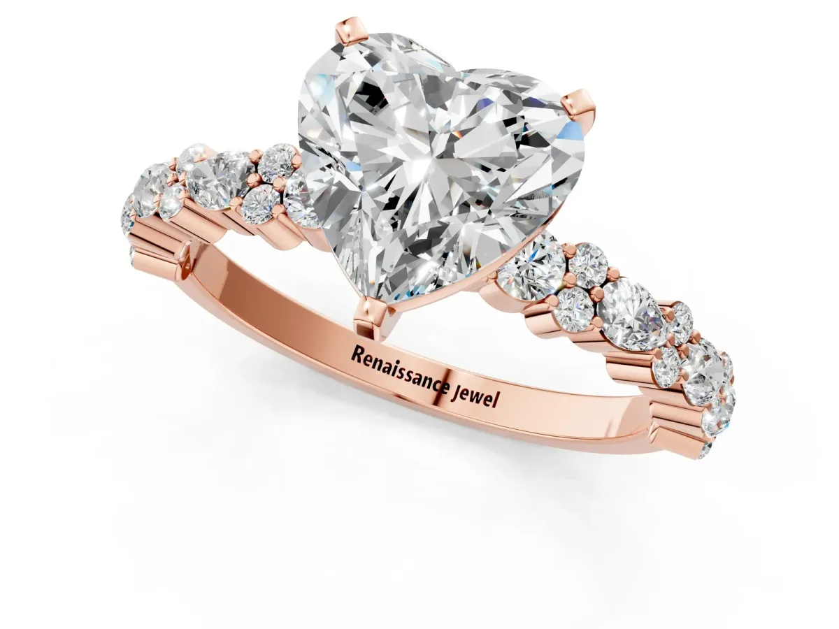 Heart Cut Diamond Side Stone Solitaire Ring with Round Moissanite and Four-Prong Setting Rose gold