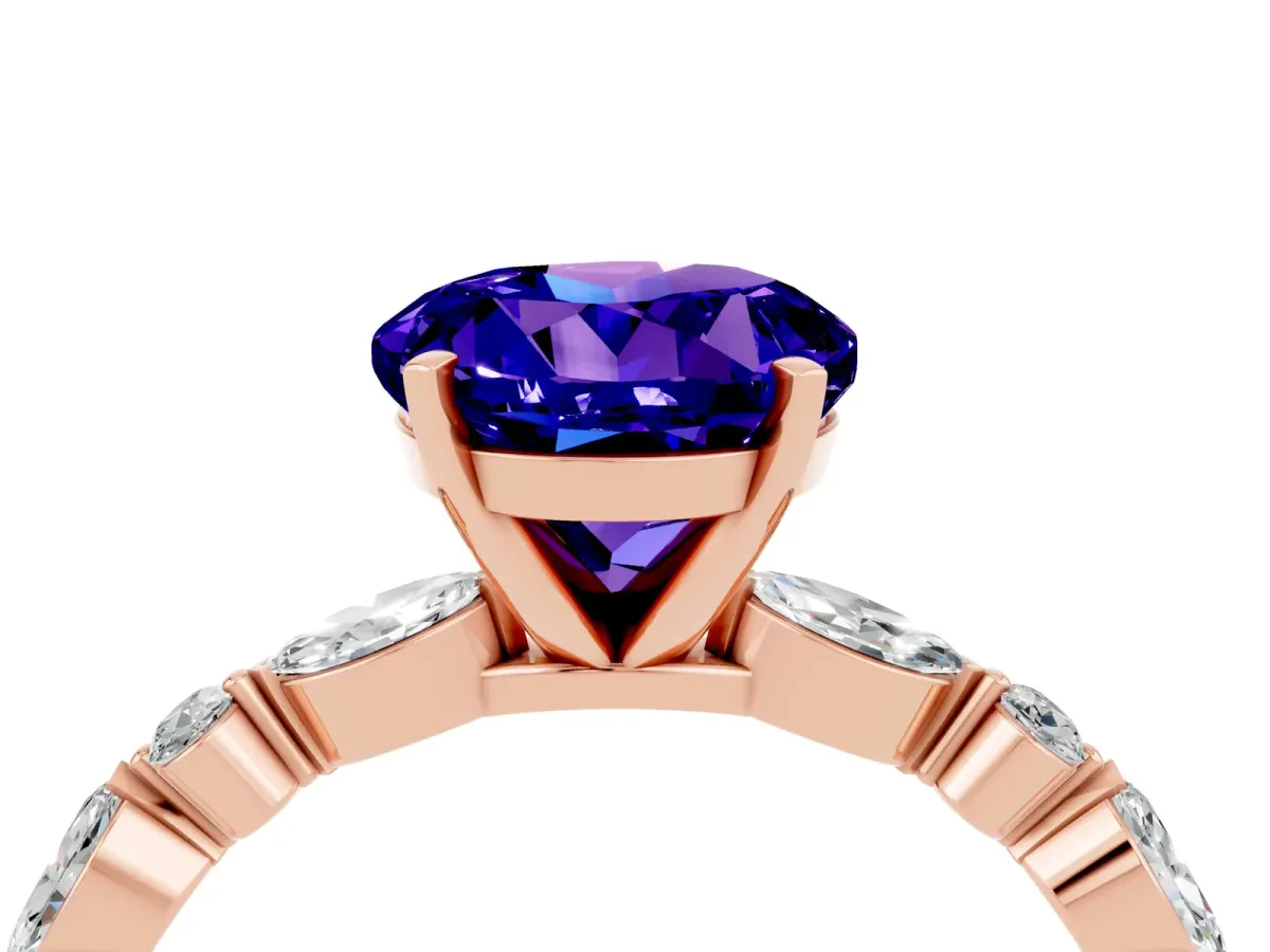 Round Cut Tanzanite Ring with Marquise and Round Side Stones and Four-Prong Setting Rose gold