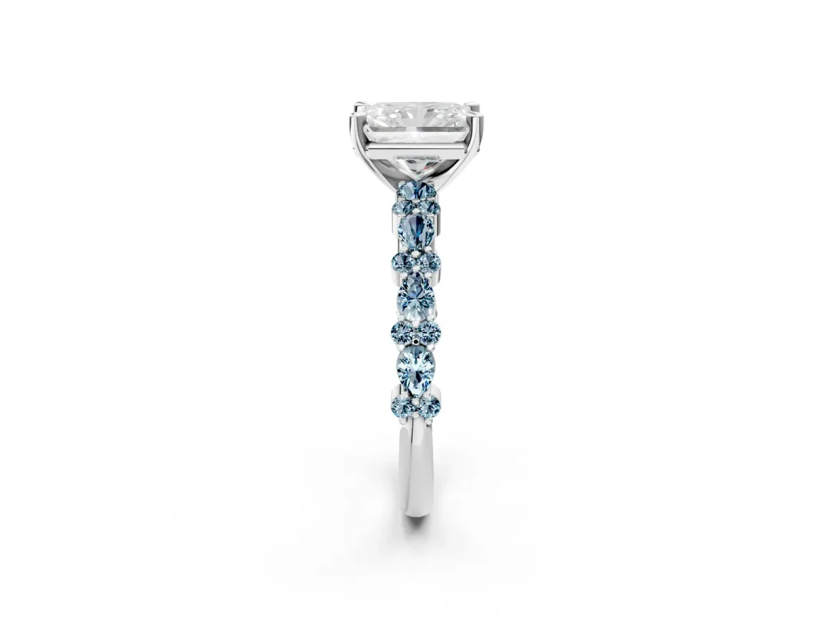 Radiant Cut Diamond Side Stone Solitaire Ring with Round Aquamarine and Four-Prong Setting Platinum
