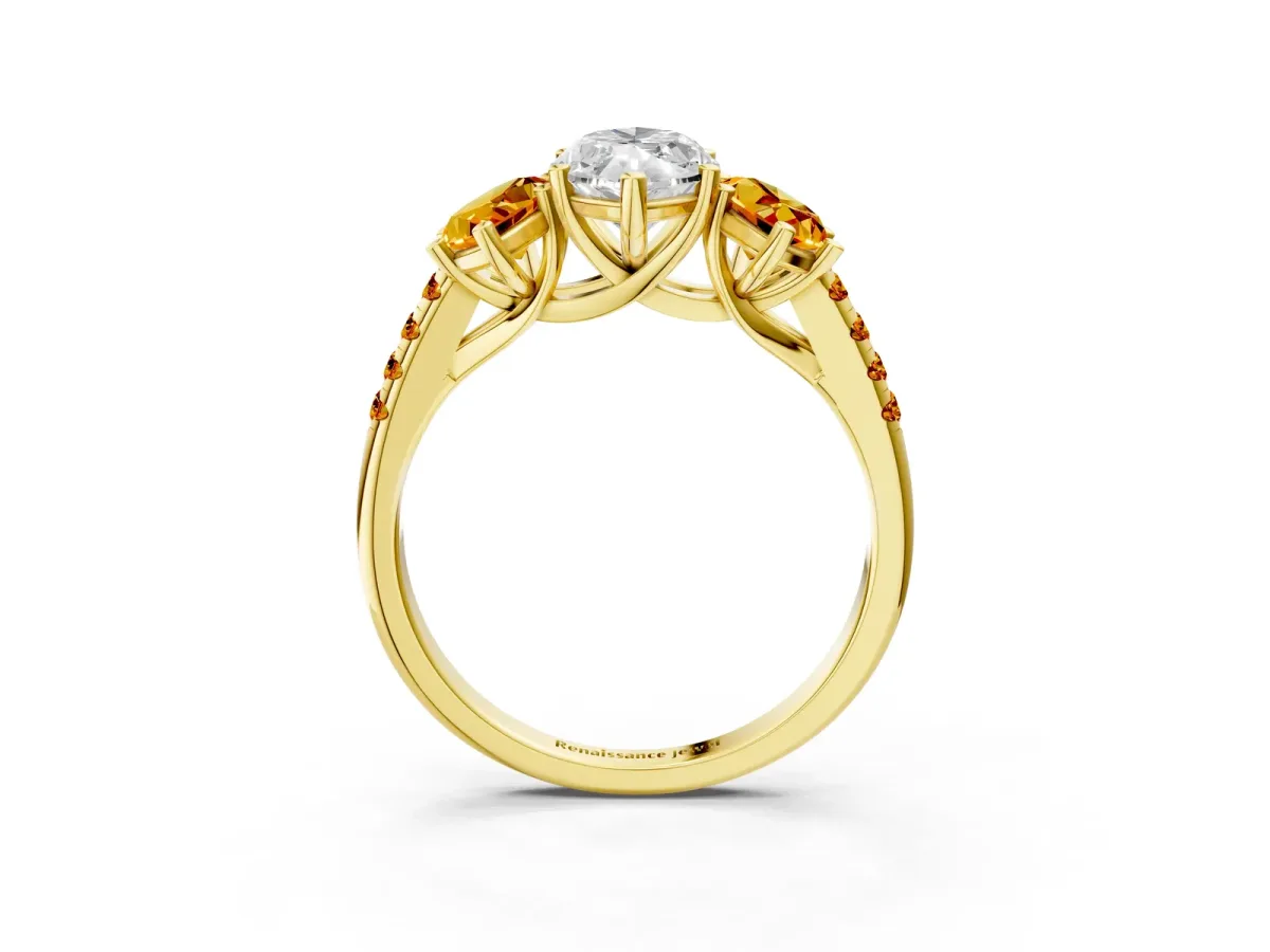 Three-Stone Marquise Cut Diamond Ring with Round Citrine Pavé Band and Prong Setting Yellow gold