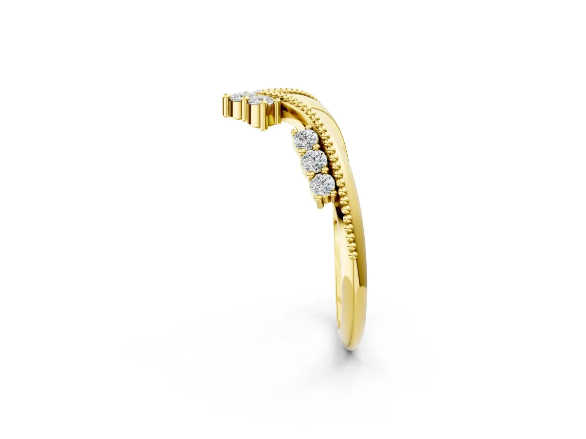 Diamond Chevron Milgrain Band with Round Cut Stones and Prong Setting Yellow gold