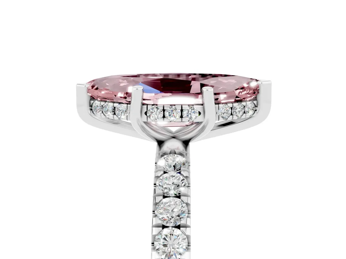 Marquise Cut Morganite Pave Band Solitaire Ring with Round and Prong Setting Silver