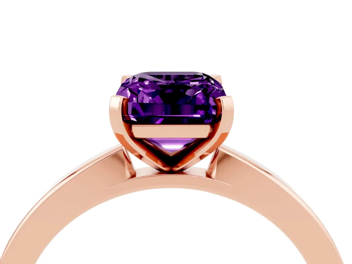 Emerald Cut Amethyst Solitaire Engagement Ring with Classic Band and Four-Prong Setting Rose gold