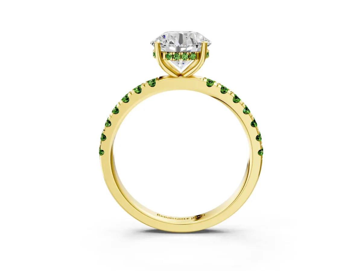Round Cut Diamond Pave Band Solitaire Ring with Round Peridot and Prong Setting Yellow gold