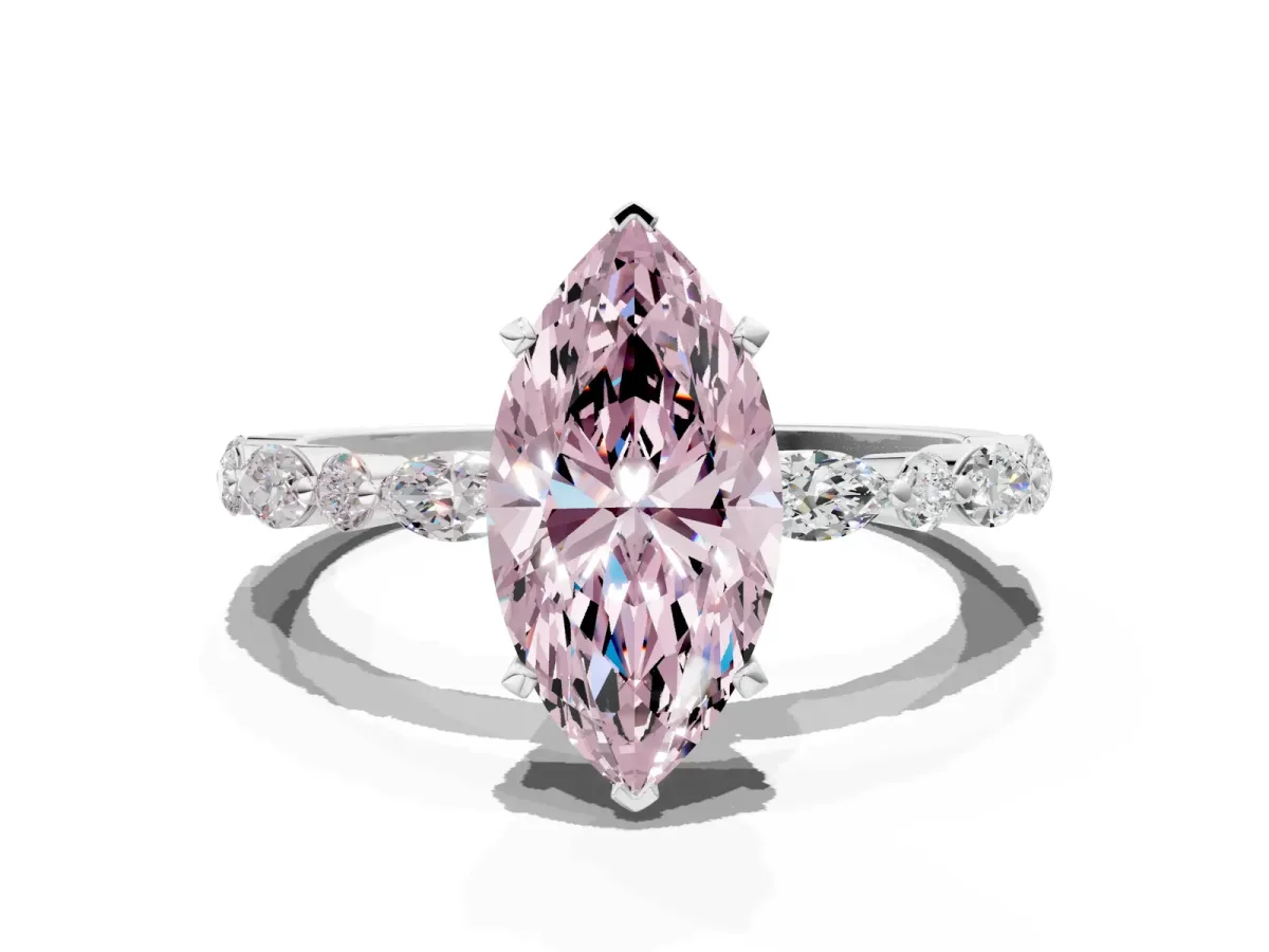 Fancy Pink Marquise Cut Diamond Ring with Marquise and Round Side Stones and Four-Prong Setting Silver