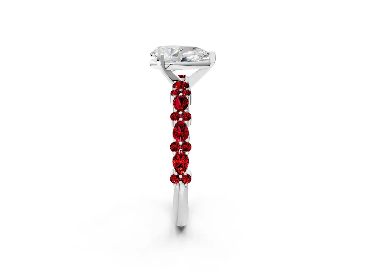 Pear Cut Diamond Side Stone Solitaire Ring with Round Ruby and Four-Prong Setting White gold