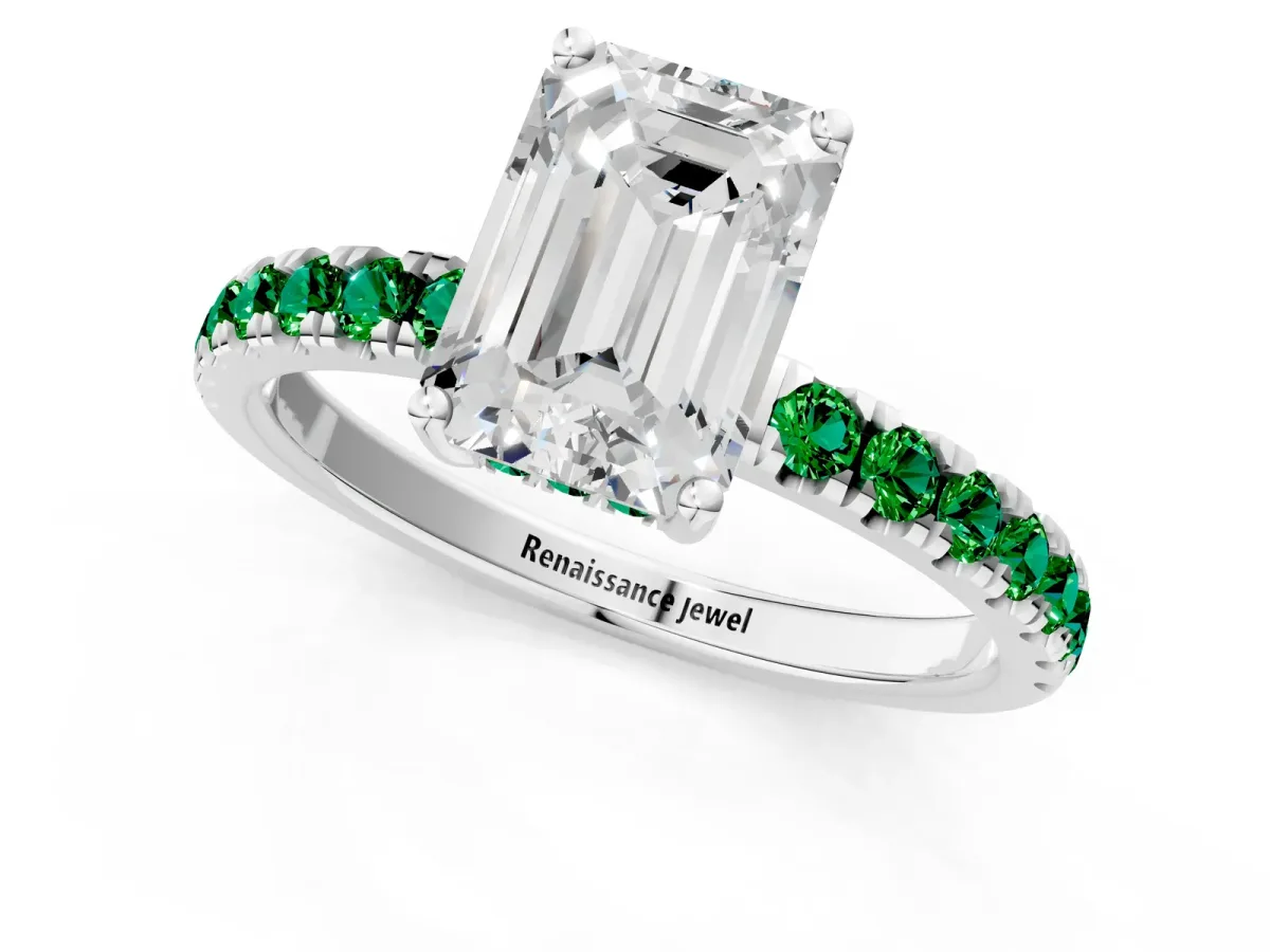 Emerald Cut Diamond Pave Band Solitaire Ring with Round Emerald and Prong Setting Platinum