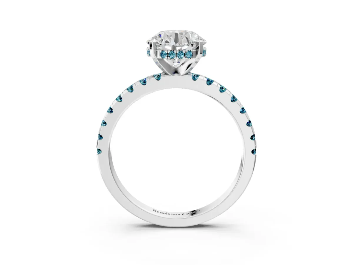 Round Cut Diamond Solitaire Ring with Round Blue Topaz Pavé Band and Four-Prong Setting Silver