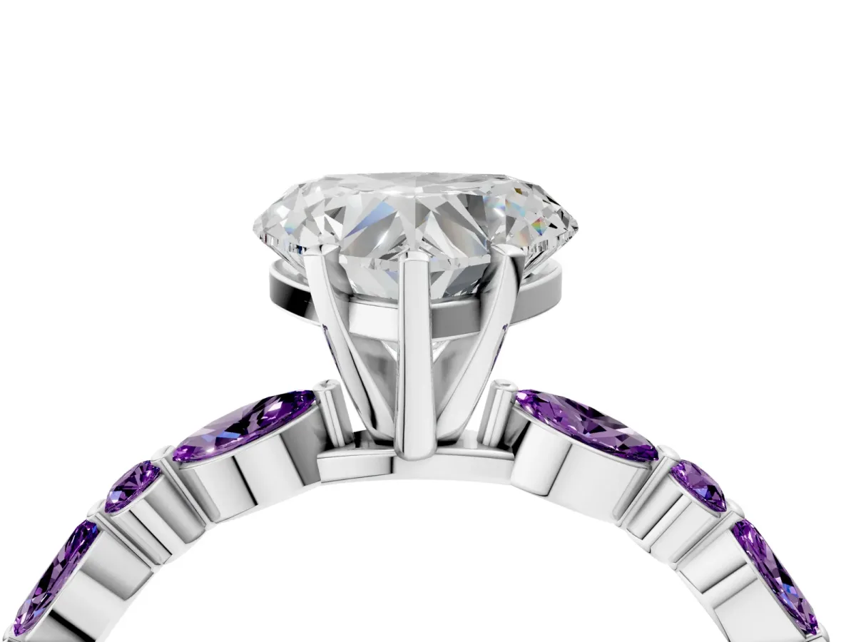 Heart Cut Diamond Ring with Marquise and Round Amethyst Side Stones and Four-Prong Setting Silver
