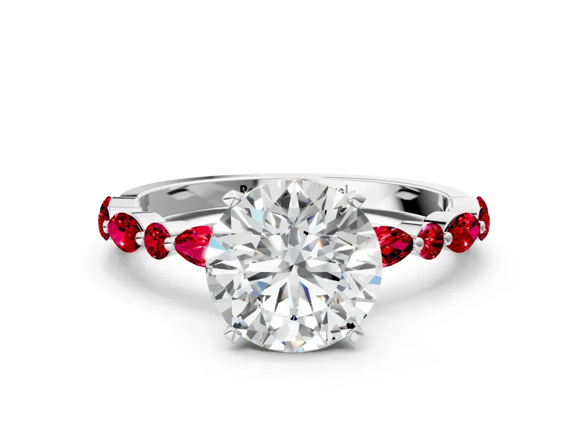 Round Cut Diamond Ring with Marquise and Round Ruby Side Stones and Four-Prong Setting White gold