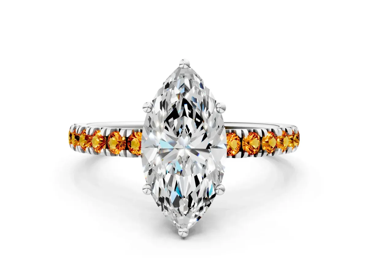 Marquise Cut Diamond Pave Band Solitaire Ring with Round Citrine and Prong Setting White gold