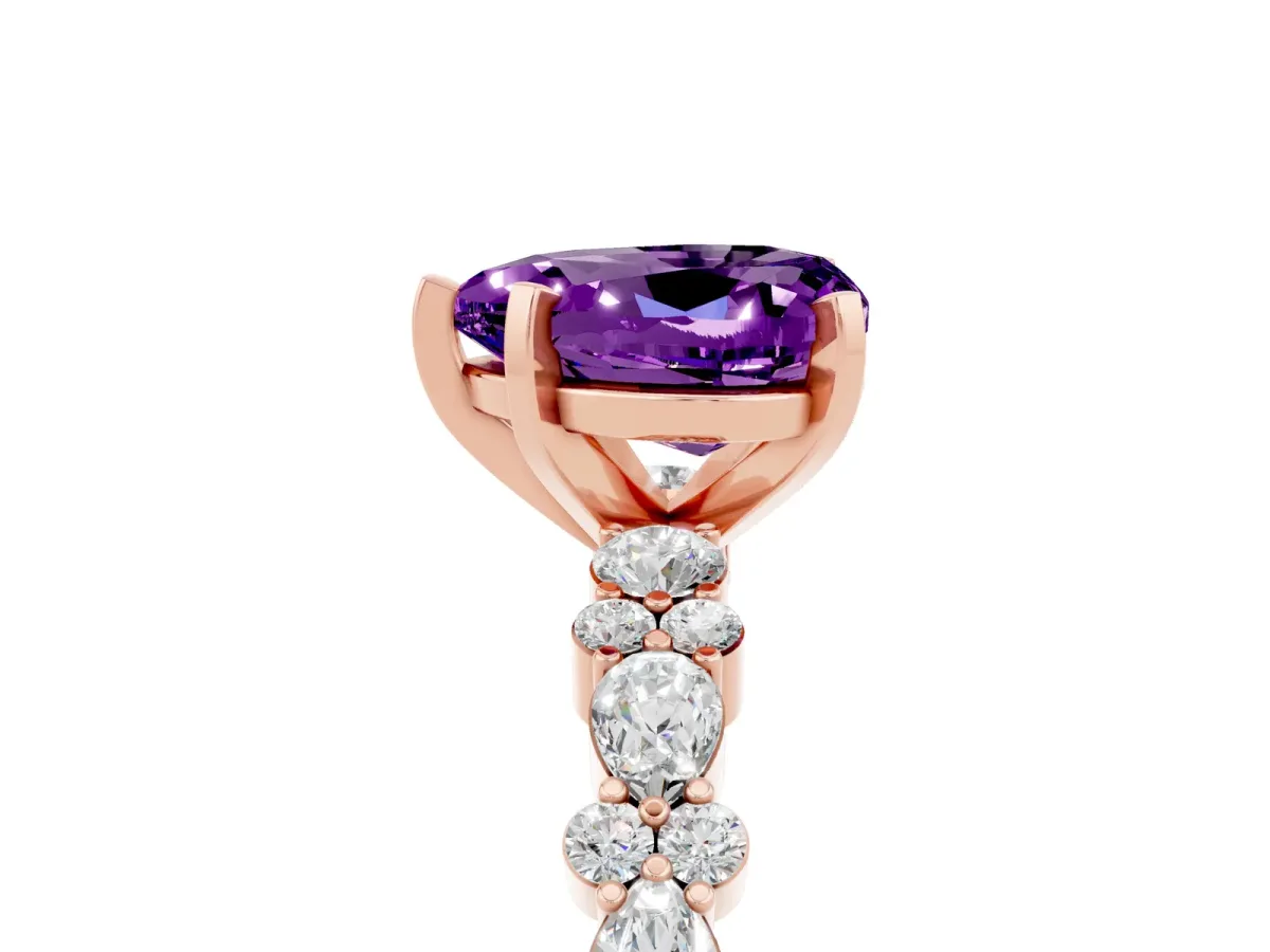 Heart Cut Amethyst Side Stone Solitaire Ring with Round and Four-Prong Setting Rose gold