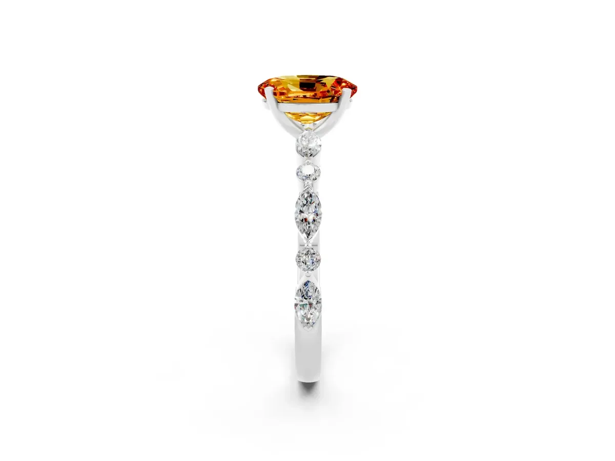 Oval Cut Citrine Ring with Marquise and Round Side Stones and Four-Prong Setting Silver