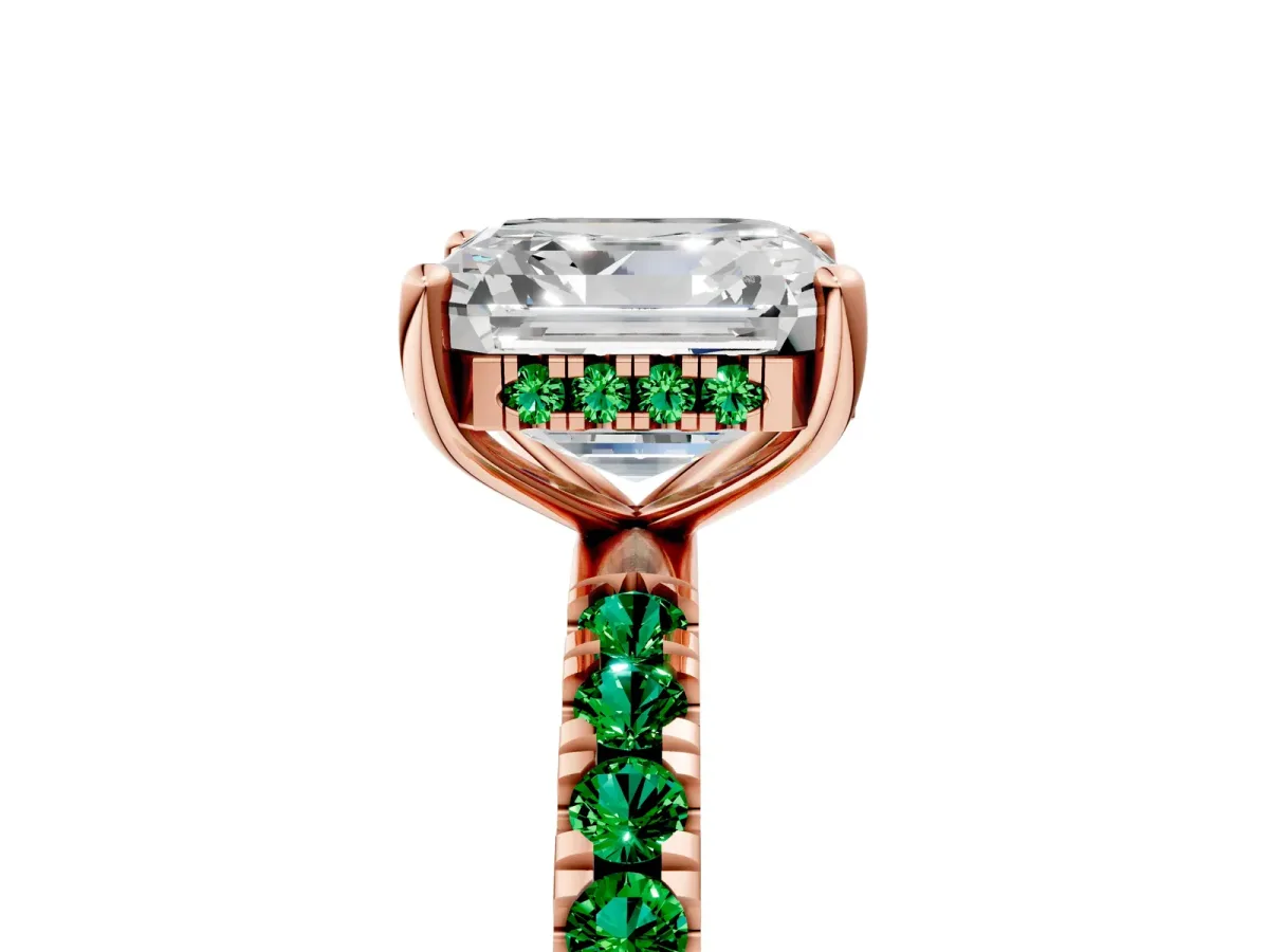 Asscher Cut Diamond Pave Band Solitaire Ring with Round Emerald and Prong Setting Rose gold