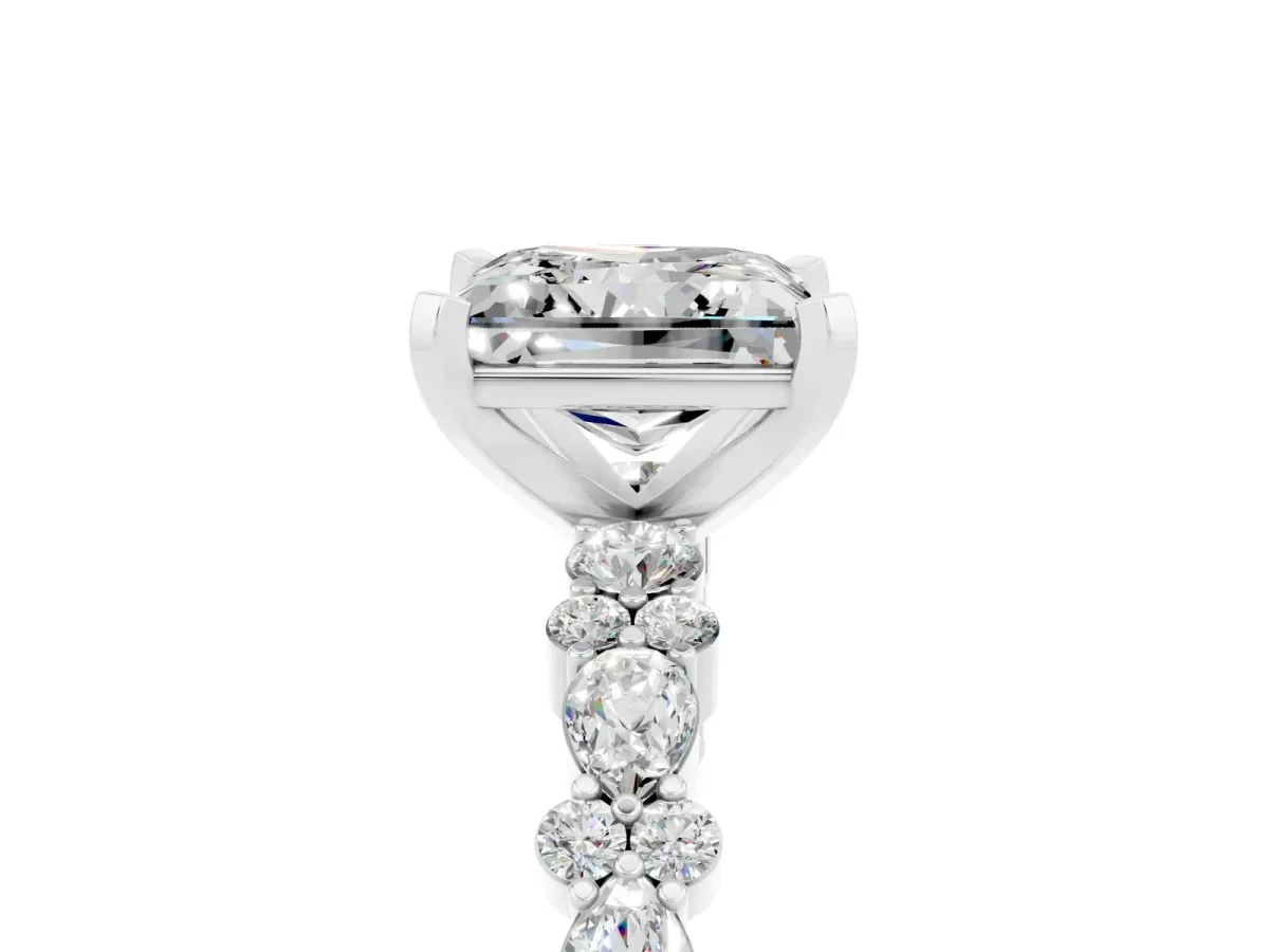 Princess Cut Moissanite Side Stone Solitaire Ring with Round and Four-Prong Setting Silver