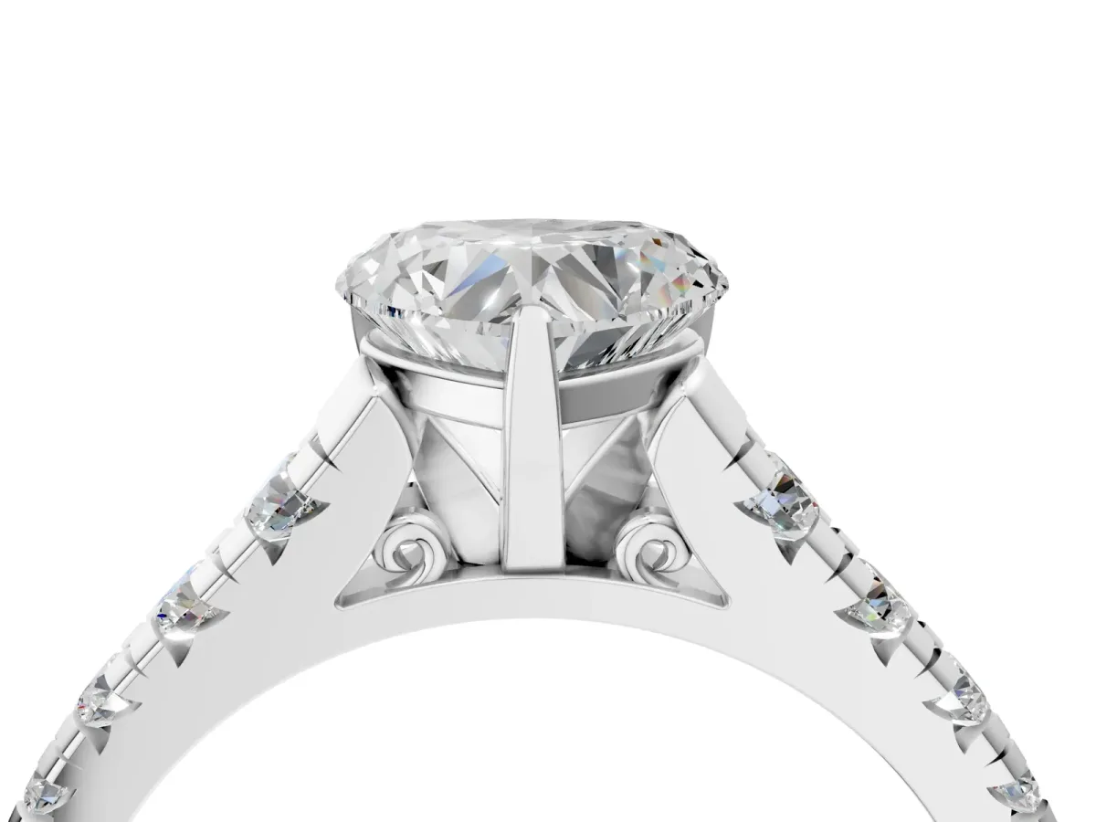Heart Cut Diamond Cathedral Solitaire Ring with Round Pavé Band White gold
