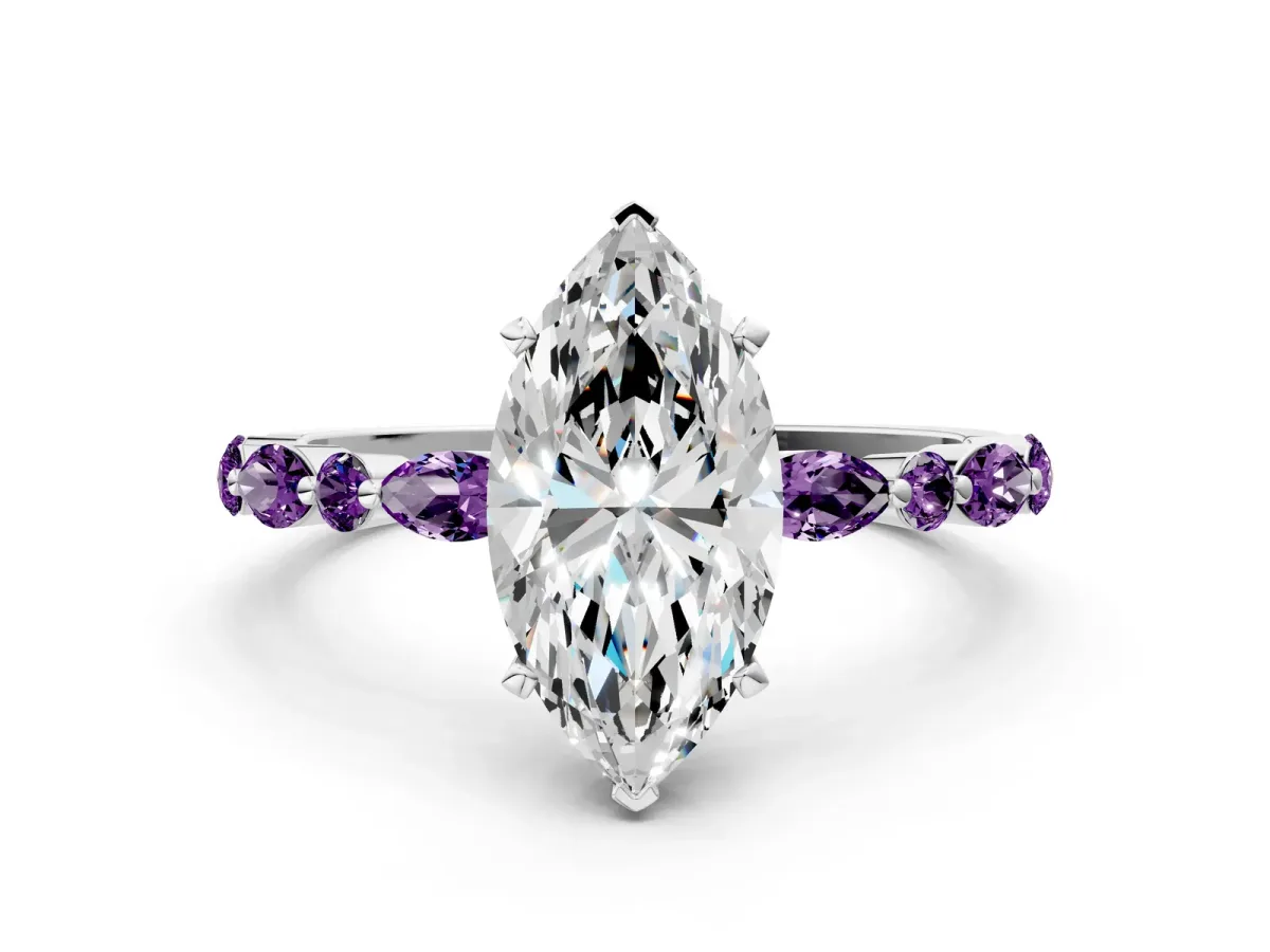 Marquise Cut Diamond Ring with Marquise and Round Amethyst Side Stones and Four-Prong Setting Silver