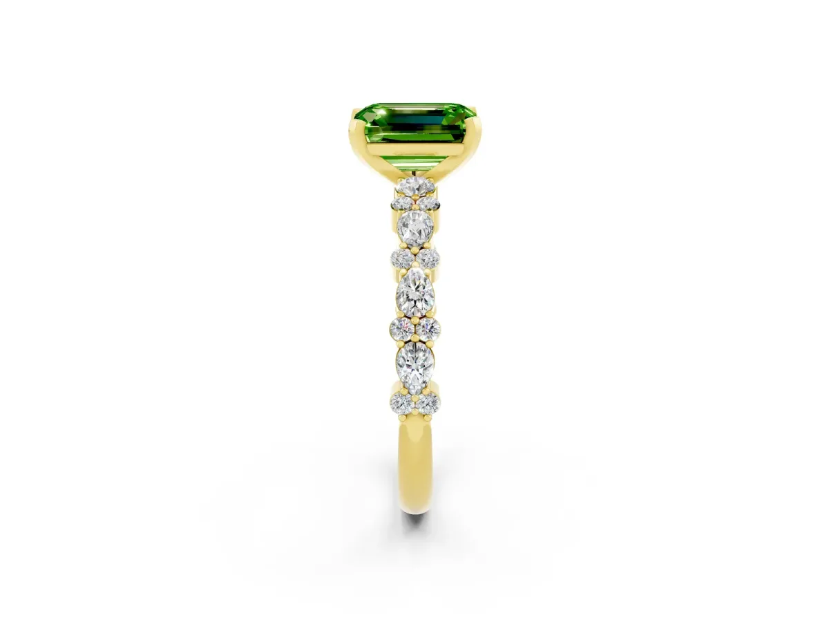Emerald Cut Peridot Side Stone Solitaire Ring with Round and Four-Prong Setting Yellow gold