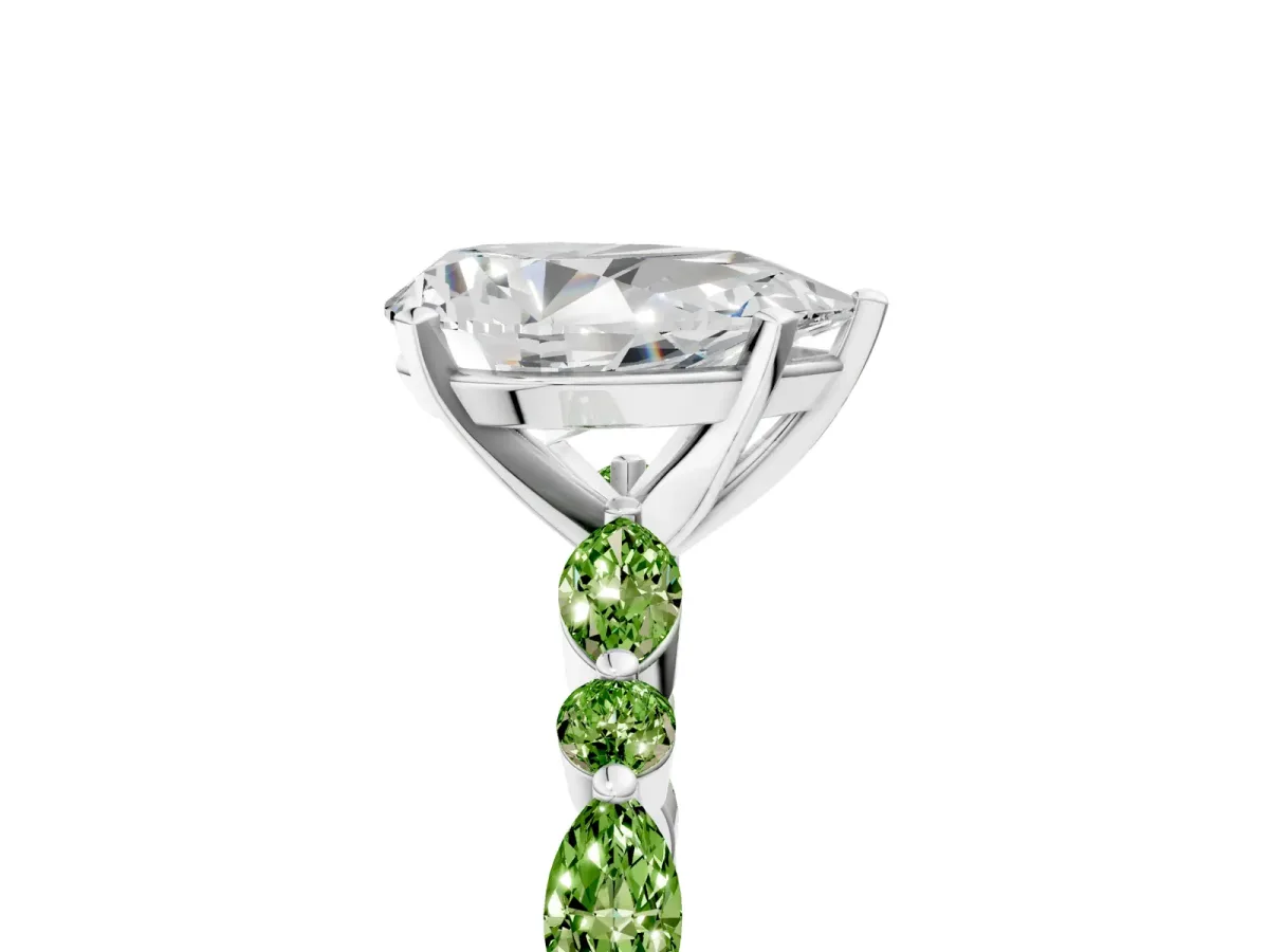 Pear Cut Diamond Ring with Marquise and Round Peridot Side Stones and Four-Prong Setting Platinum