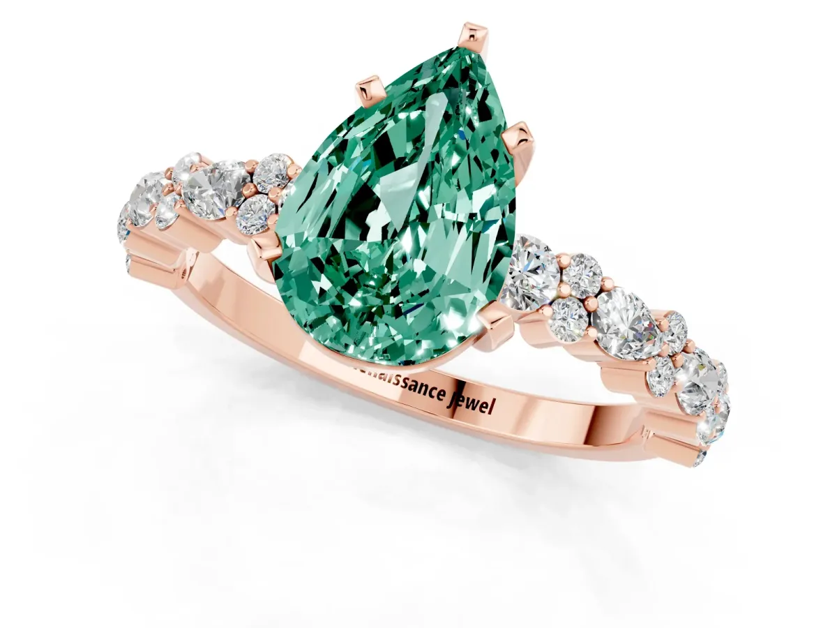 Pear Cut Green Sapphire Side Stone Solitaire Ring with Round and Four-Prong Setting Rose gold