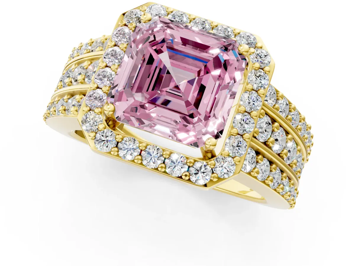 Fancy Pink Asscher Cut Halo Diamond Ring with Round Split Shank and Prong Setting Yellow gold