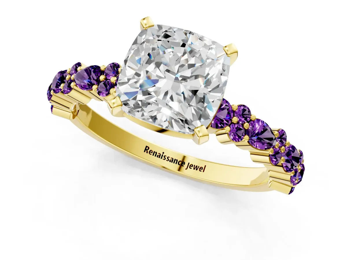 Cushion Cut Diamond Side Stone Solitaire Ring with Round Amethyst and Four-Prong Setting Yellow gold