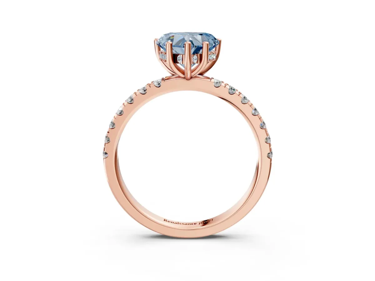 Fancy Blue Heart Cut Diamond Pave Band Solitaire Ring with Round and Prong Setting Rose gold