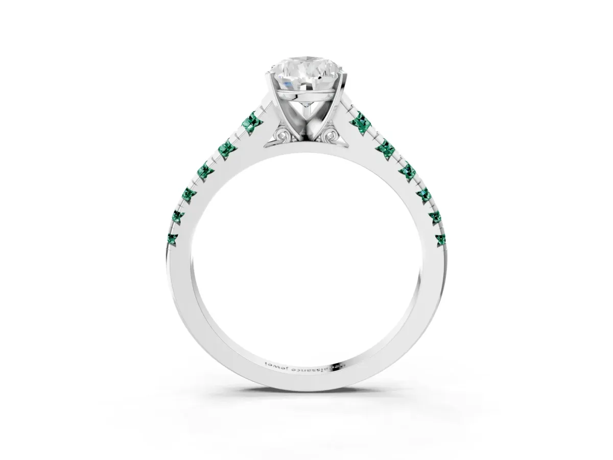 Pear Cut Diamond Cathedral Solitaire Ring with Round Green Sapphire Pavé Band Silver
