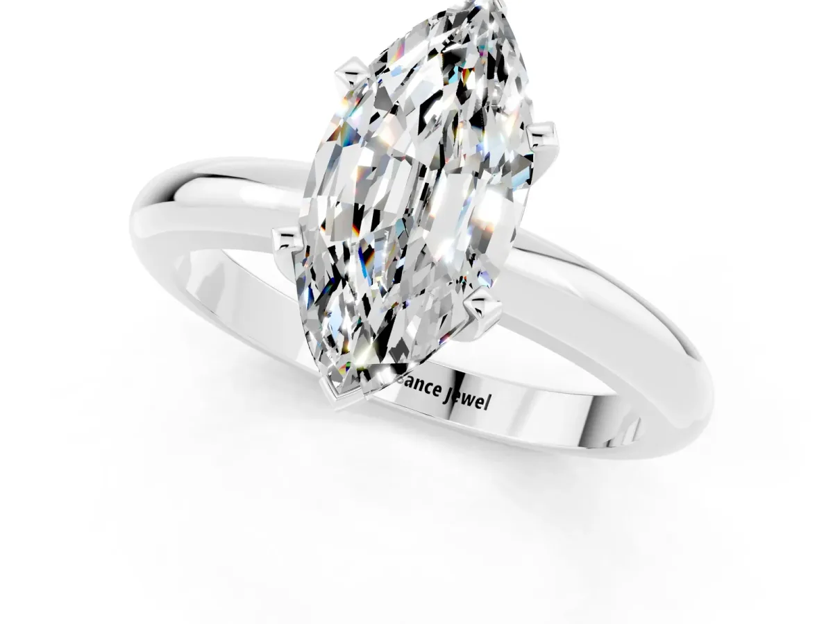 Marquise Cut Moissanite Solitaire Engagement Ring with Round Band and Four-Prong Setting Silver