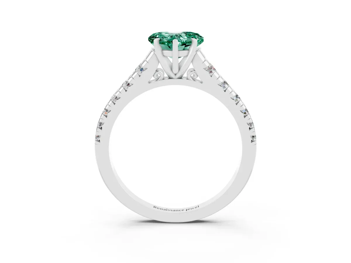 Heart Cut Green Sapphire Cathedral Solitaire Ring with Round Pavé Band Platinum