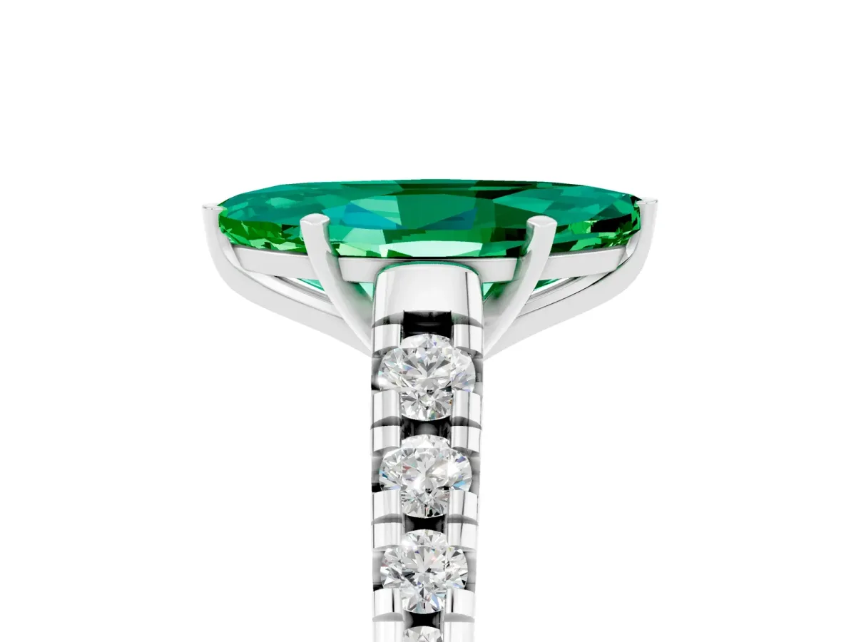 Marquise Cut Emerald Cathedral Solitaire Ring with Round Pavé Band Platinum