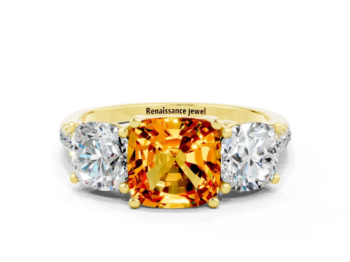 Three-Stone Cushion Cut Citrine Ring with Round Pavé Band and Prong Setting Yellow gold
