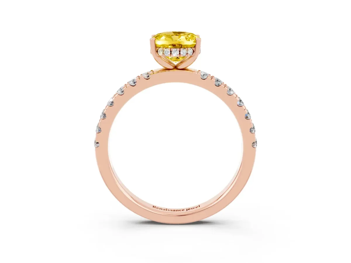 Oval Cut Yellow Sapphire Pave Band Solitaire Ring with Round and Prong Setting Rose gold