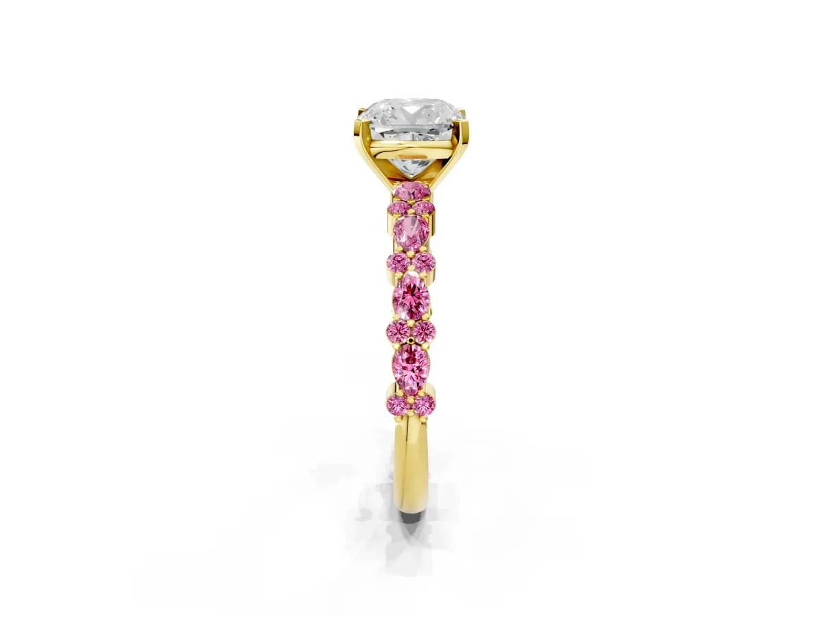 Cushion Cut Diamond Side Stone Solitaire Ring with Round Pink Sapphire and Four-Prong Setting Yellow gold
