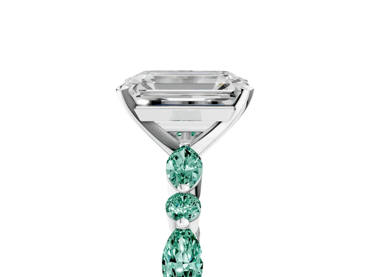 Emerald Cut Diamond Ring with Marquise and Round Green Sapphire Side Stones and Four-Prong Setting Silver