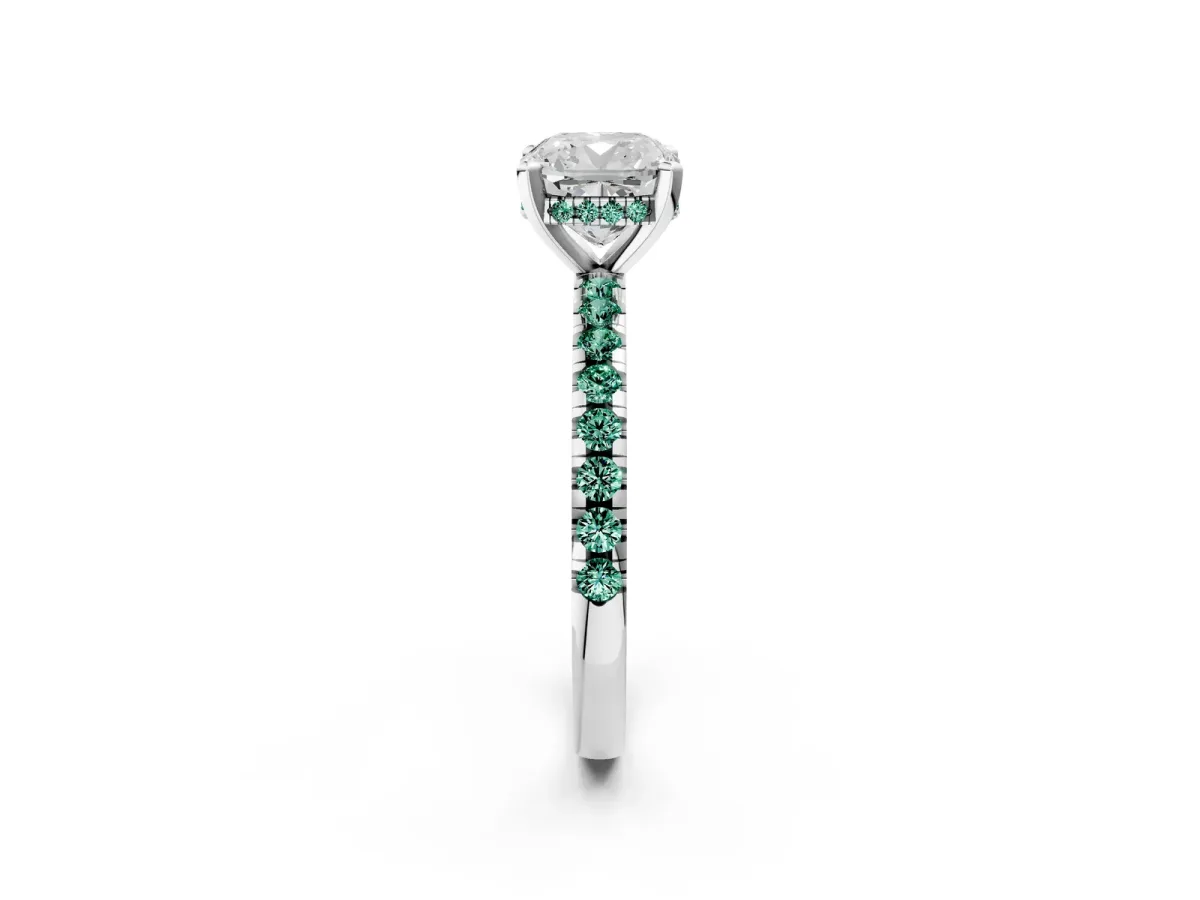 Cushion Cut Diamond Solitaire Ring with Round Green Sapphire Pavé Band and Four-Prong Setting Silver