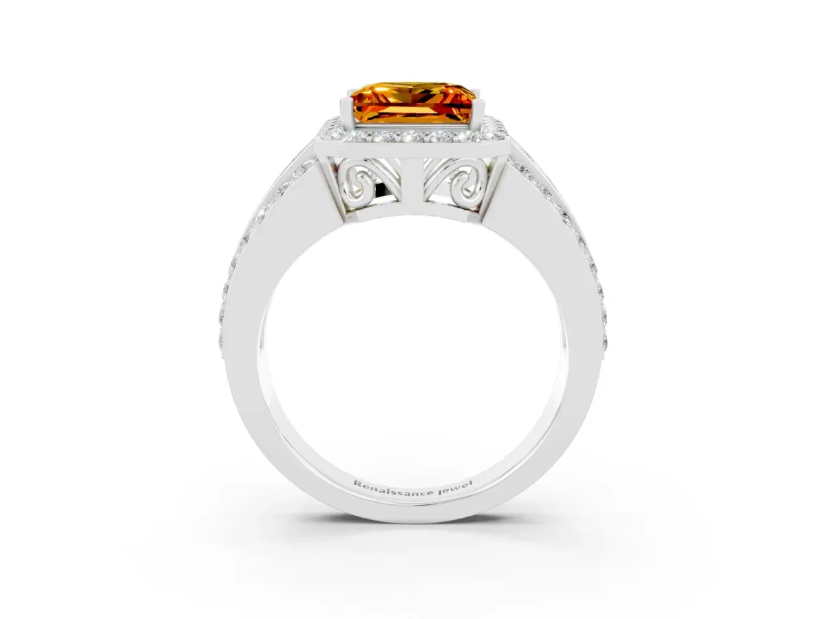 Princess Cut Halo Citrine Ring with Round Split Shank and Prong Setting White gold