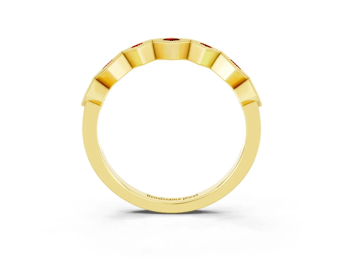 Milgrain Square Bezel Round Ruby Chevron Band Yellow gold