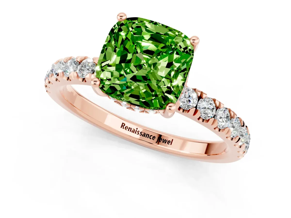 Cushion Cut Peridot Pave Band Solitaire Ring with Round and Prong Setting Rose gold