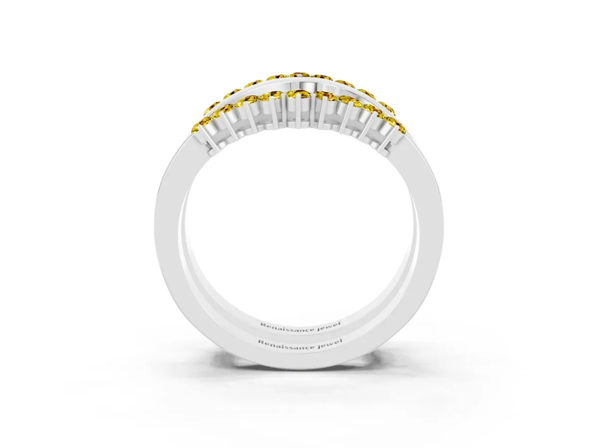Round Yellow Sapphire Chevron Contour Band with Prong Setting Platinum