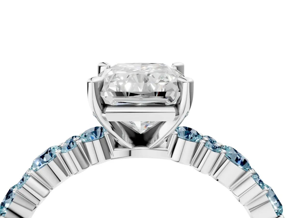 Radiant Cut Diamond Side Stone Solitaire Ring with Round Aquamarine and Four-Prong Setting Platinum