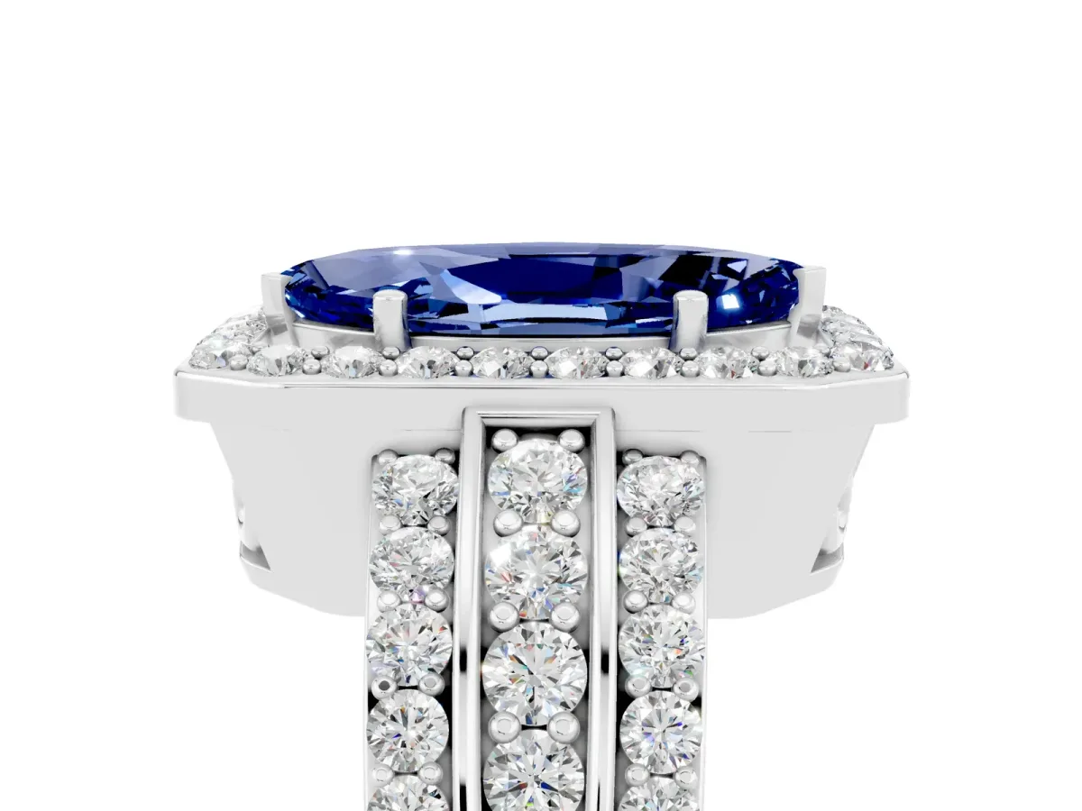 Marquise Cut Halo Blue Sapphire Ring with Round Split Shank and Prong Setting White gold