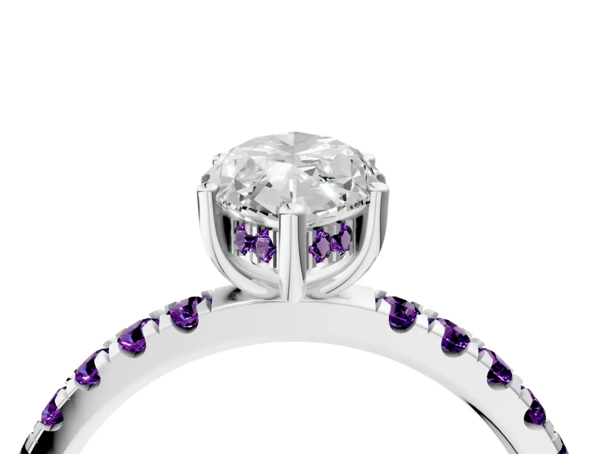 Marquise Cut Diamond Pave Band Solitaire Ring with Round Amethyst and Prong Setting Platinum