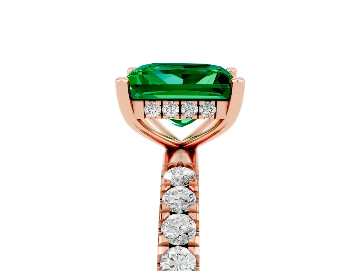 Princess Cut Emerald Pave Band Solitaire Ring with Round and Prong Setting Rose gold