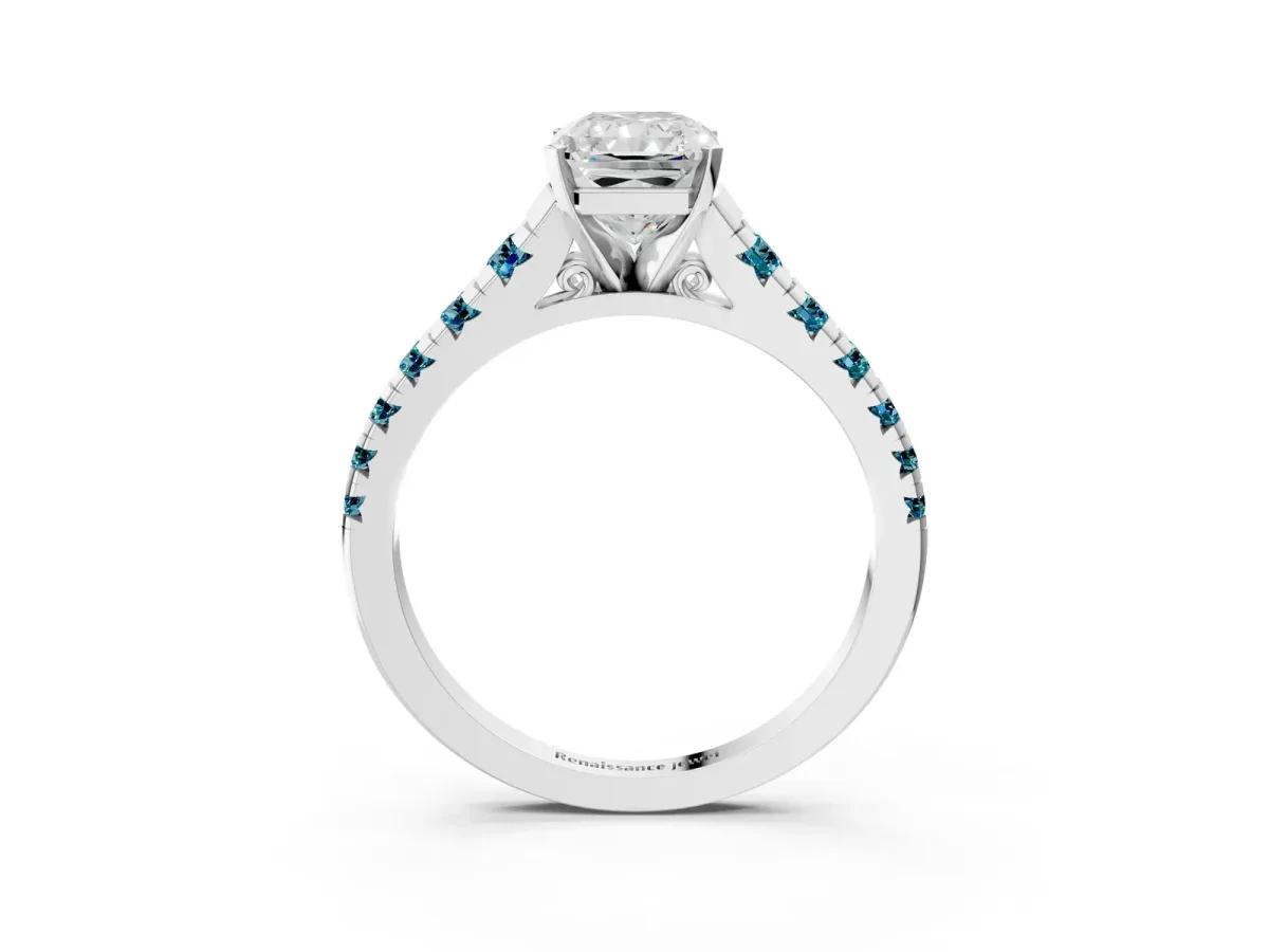 Radiant Cut Diamond Cathedral Solitaire Ring with Round Blue Topaz Pavé Band Silver