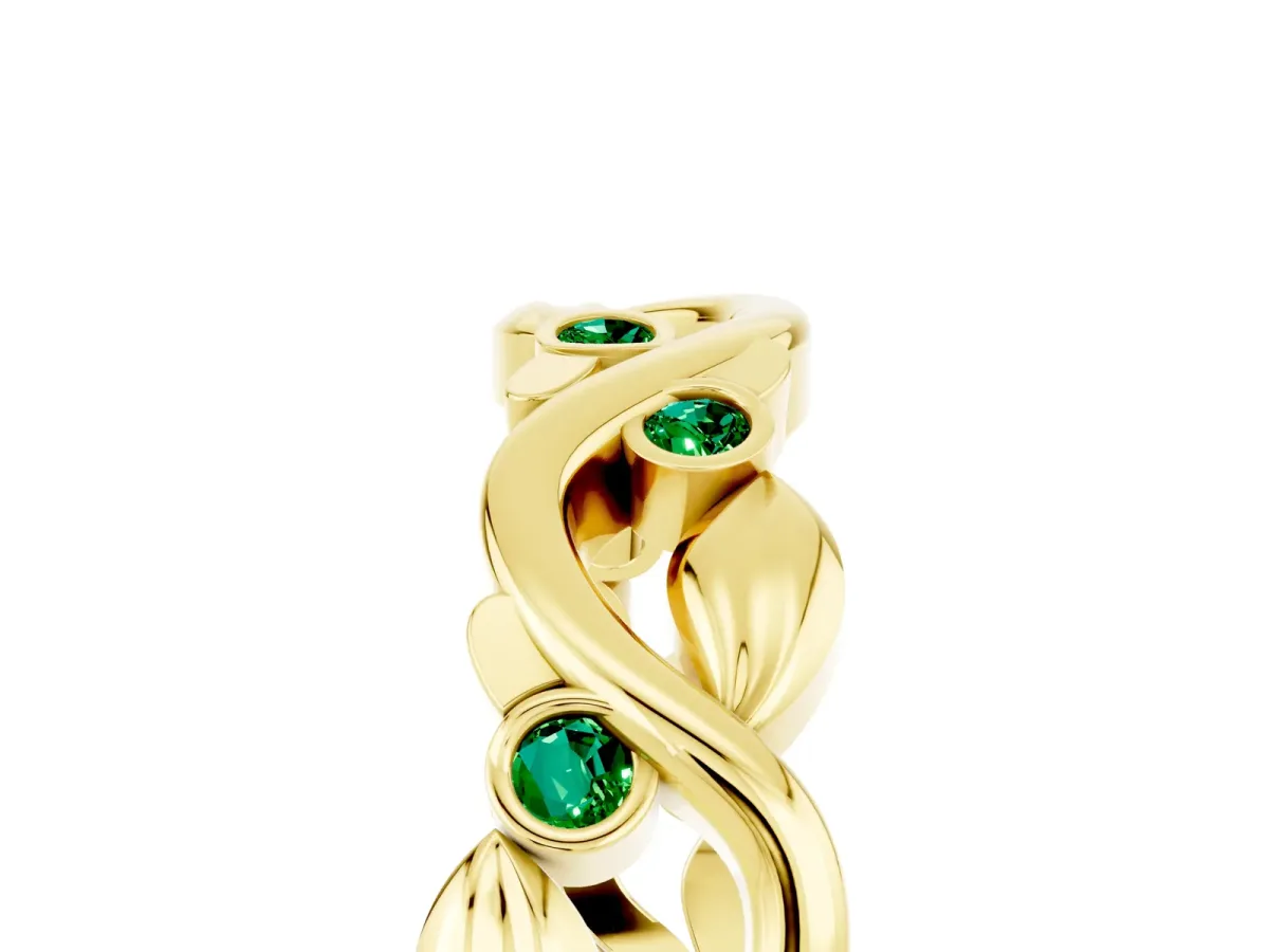 Round Emerald Leaf Eternity Band with Bezel Setting Yellow gold