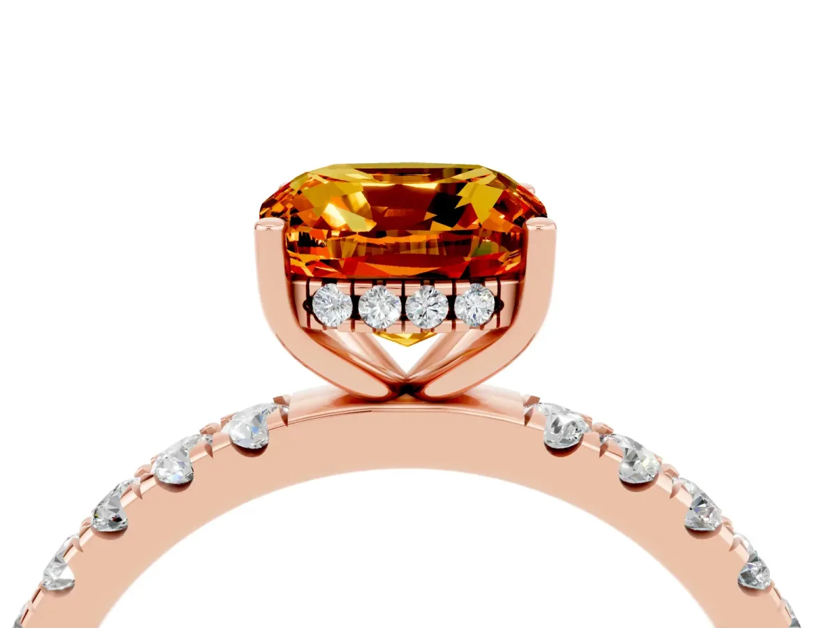 Cushion Cut Citrine Pave Band Solitaire Ring with Round and Prong Setting Rose gold