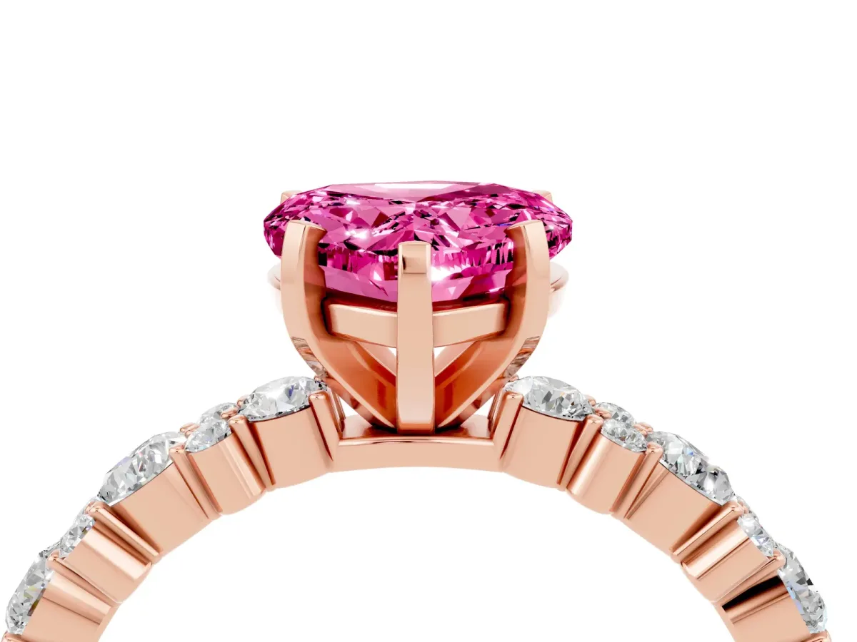 Heart Cut Pink Sapphire Side Stone Solitaire Ring with Round and Four-Prong Setting Rose gold