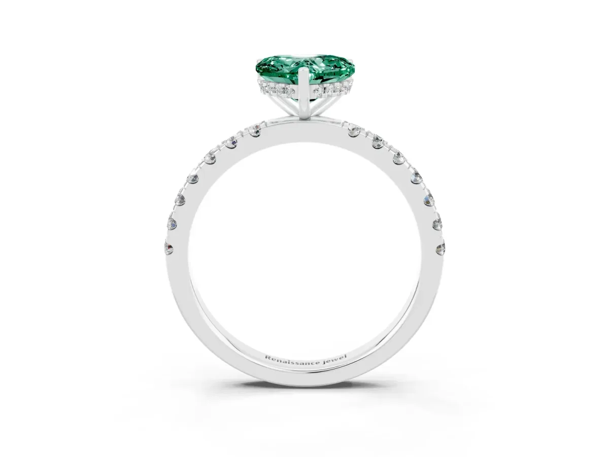 Heart Cut Green Sapphire Pave Band Solitaire Ring with Round and Prong Setting Silver