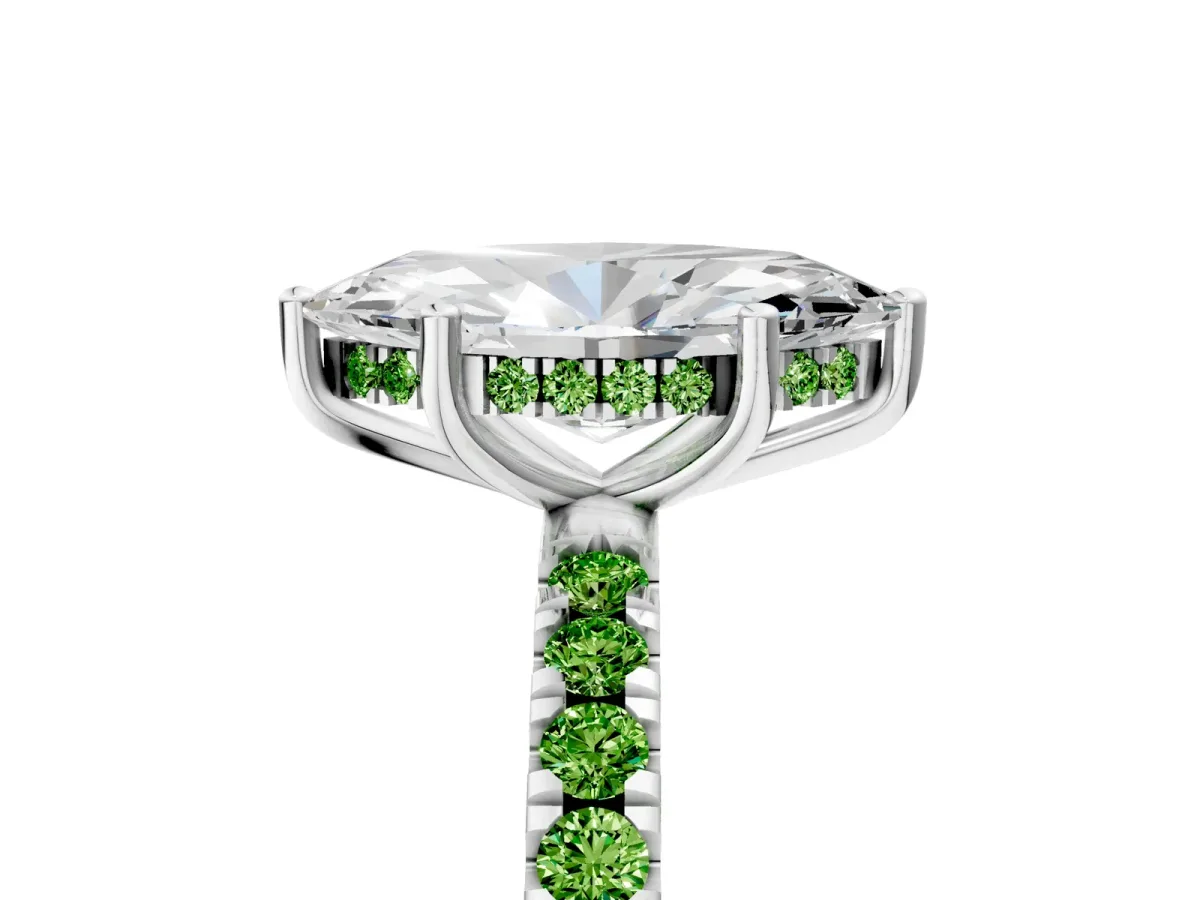 Marquise Cut Diamond Pave Band Solitaire Ring with Round Peridot and Prong Setting Platinum